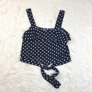 Solaris Style Tank Top Womens Large Navy Blue Polka Dot Ruffle Tie Front Retro